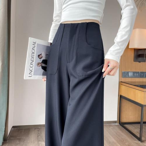 藏青色西裝闊腿褲女裝早秋季新款窄版直筒褲高腰垂感拖地休閑褲子