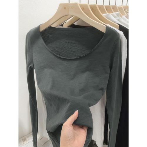 純色低圓領鎖骨長袖T恤女秋季ins潮新款竹節棉內搭打底衫上衣百搭