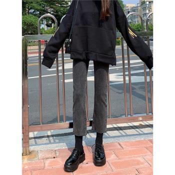 煙管直筒加絨寬松高腰毛邊牛仔褲