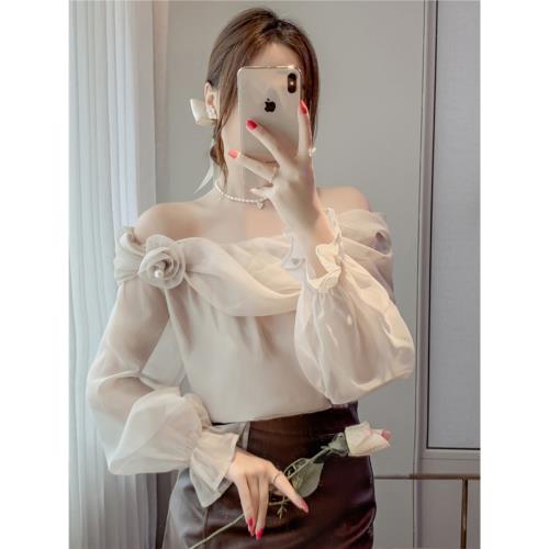 雪紡長袖襯衫早春季2025新款女裝法式重工立體花朵鎖骨一字肩上衣