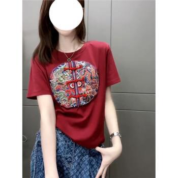 國風大碼胖mm紅色刺繡短袖T恤