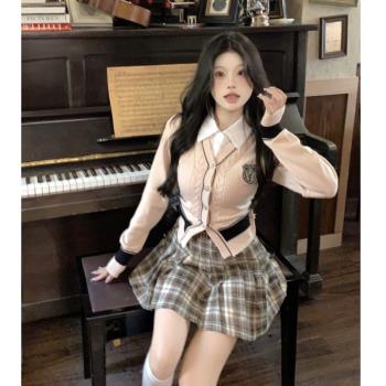 學院風假兩件polo領襯衫拼接毛衣長袖女秋冬甜辣妹短款針織衫上衣