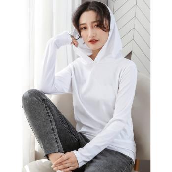 純棉有連帽t恤女2025春秋黑白色寬松休閑時尚上衣帶帽子打底衫潮