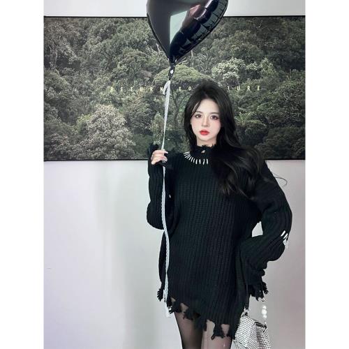 微胖mm慵懶風破洞套頭針織毛衣女秋冬新款寬松顯瘦中長款炸街上衣