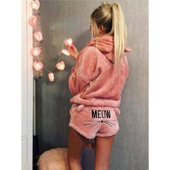 秋冬季時尚熱賣歐美甜美女裝貓咪刺繡睡衣連帽休閑套裝兩件套潮女