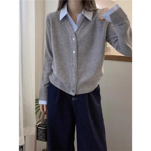 韓版拼接毛衣襯衫領假兩件女秋裝2025新款設計感軟糯羊絨針織開衫