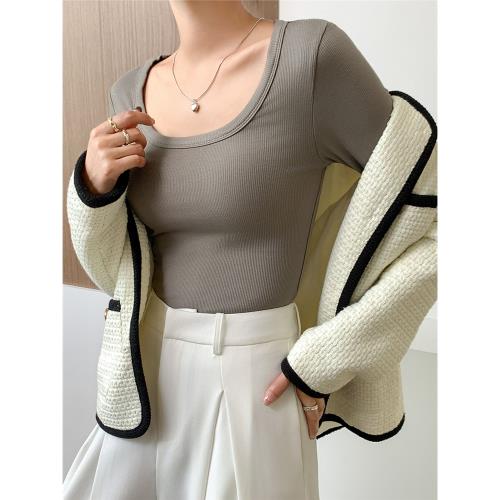 莫代爾方領打底衫女春秋薄款2024新款內搭長袖T恤U領修身百搭上衣