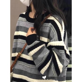 慵懶風條紋復古小眾圓領套頭針織衫毛衣女加厚春秋寬松上衣外套冬