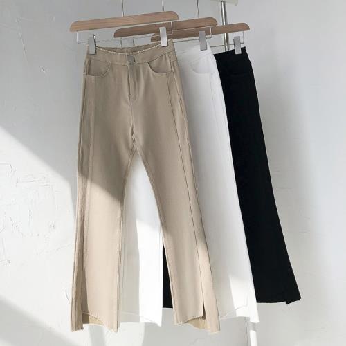 韓版設計感不規則毛邊高腰微喇直筒褲女秋冬新品顯瘦休閑牛仔褲子