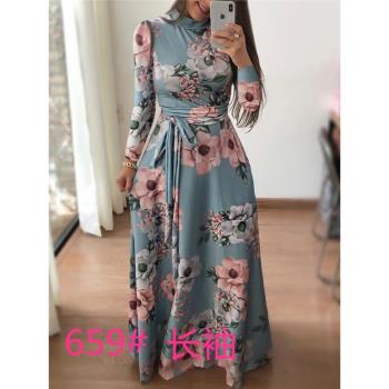 亞馬遜秋冬季節歐美風時尚氣質休閑印花綁帶長裙連衣裙女裝長袖朝