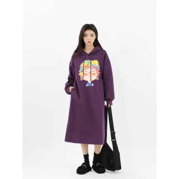 FEIL加絨加厚衛衣裙女秋冬新款印花卡通小女孩大碼寬松懶人連衣裙