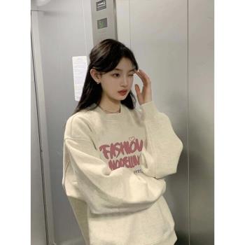 美式寬松字母圓領衛衣女春秋oversize小個子薄款加厚慵懶套頭上衣