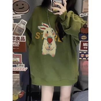 潮牌綠色春秋薄款寬松圓領衛衣