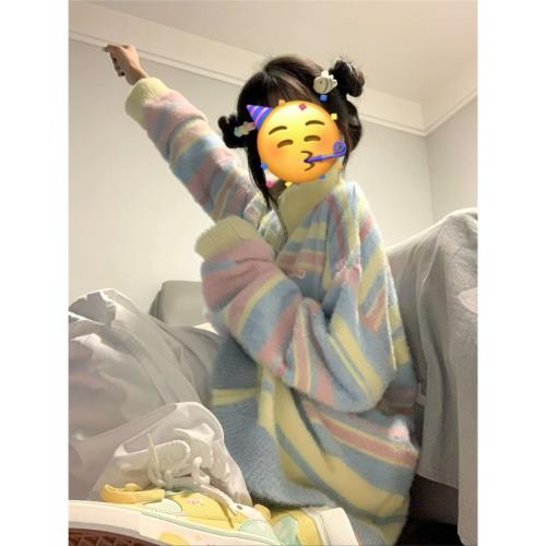 日系復古彩虹條紋半高領毛衣外套女春秋奶fufu撞色慵懶針織開衫潮