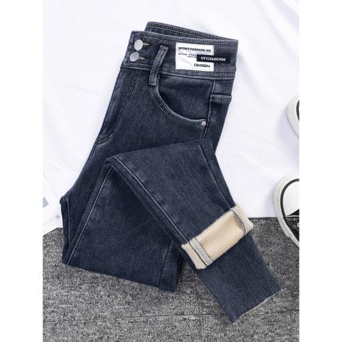 加絨牛仔褲女九分2025年秋冬季新款高腰緊身顯瘦小腳鉛筆褲子女冬