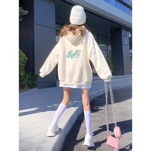 奶油杏色加絨連帽設計假兩件衛衣女秋冬新款寬松中長款bf慵懶外套