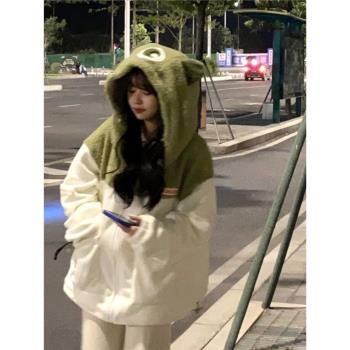 初中生學院風可愛耳朵羊羔毛絨衛衣秋冬加絨加厚高中學生少女外套