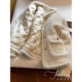 小香風白色加厚夾棉羽絨服外套