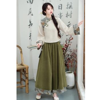 改良文藝漢服2024新款秋冬季女士新中式國風上衣外套配半身裙套裝