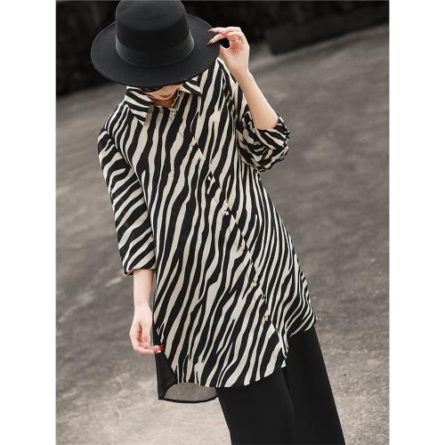 蘭瑟兒2025春季新款氣質高級感通勤長袖拼接斑馬紋寬松襯衫上衣女