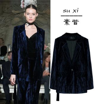 金絲絨小西裝外套2023春秋新款中長款寬松大碼闊腿褲兩件套西服女