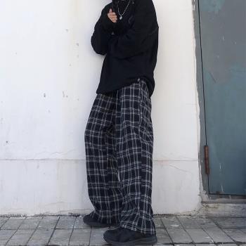韓版ins格子直筒加絨高腰闊腿褲