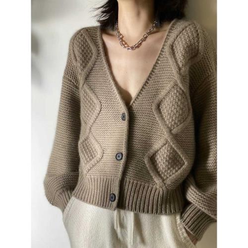 XI家 歐洲站 秋冬新款軟糯山羊絨燈籠袖加厚寬松菱形麻花羊絨開衫