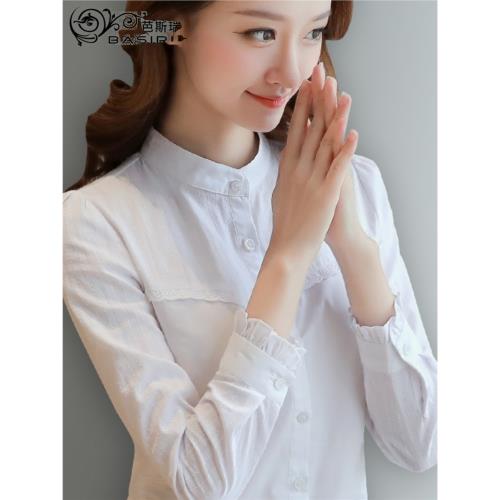 小立領白色襯衫女長袖2025春秋新款純棉襯衣修身職業裝上衣工裝服