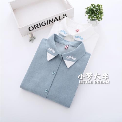 秋冬學院風小胡子長袖燈芯絨繡花