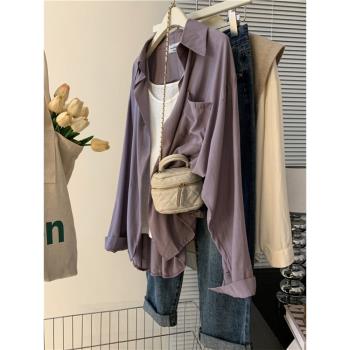 紫色長袖寬松外套上衣服防曬襯衫