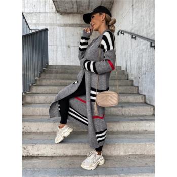 2024春秋亞馬遜長款開衫條紋歐美針織女裝落肩袖開衫毛衣knitwear