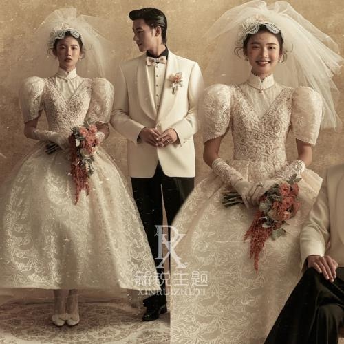 新款影樓主題服裝宮廷復古油畫風文藝蕾絲高定蕾絲婚紗拍照禮服