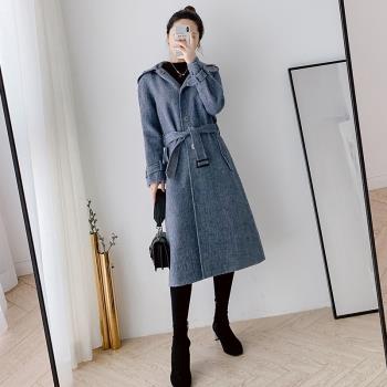 毛呢外套女中長款2023新韓版修身連帽羊毛妮子休閑秋冬雙面呢大衣