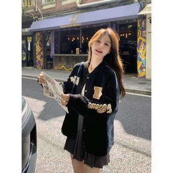 黑色寬松牛仔拼接復古顯瘦棒球服