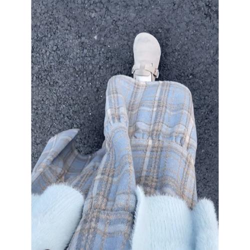 藍色格子裙女春秋冬2025新款高腰a字顯瘦中長款蛋糕裙毛呢半身裙