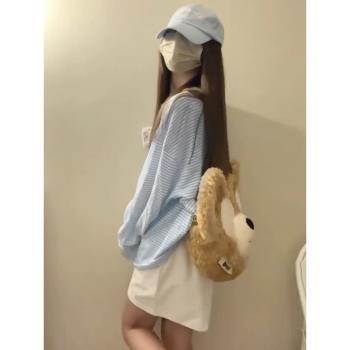 NASA藍色條紋t恤女長袖上衣春秋季寬松慵懶風打底衫薄款防曬罩衫