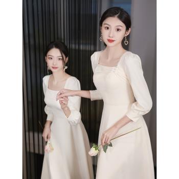 香檳色伴娘服2022新款冬季中式高階感小眾顯瘦姐妹團晚禮裙女長袖