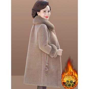 媽媽冬裝皮毛一體大衣中長款加棉加厚棉衣中老年女秋冬水貂絨外套