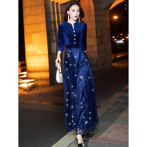 藍色年會晚禮服女輕奢小眾高端高級感宴會氣質絲絨長袖主持人裙冬