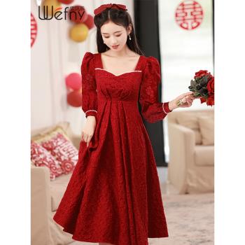 酒紅色氣質遮肚子小禮服秋冬孕婦