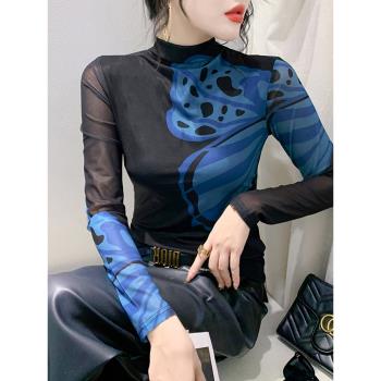 加絨加厚打底衫女秋冬歐洲站洋氣網紗上衣高領內搭長袖T恤小衫潮