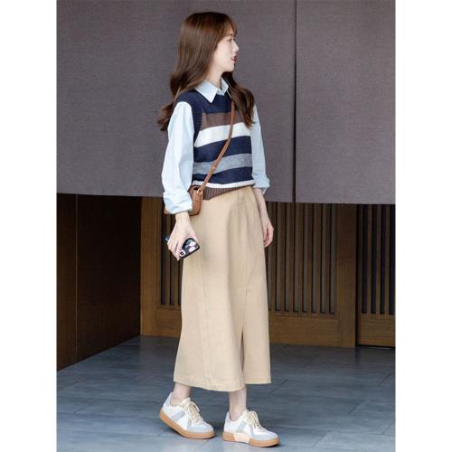 秋裝搭配小個子穿搭一整套學院風小香風休閑襯衫馬甲兩件套裝裙女