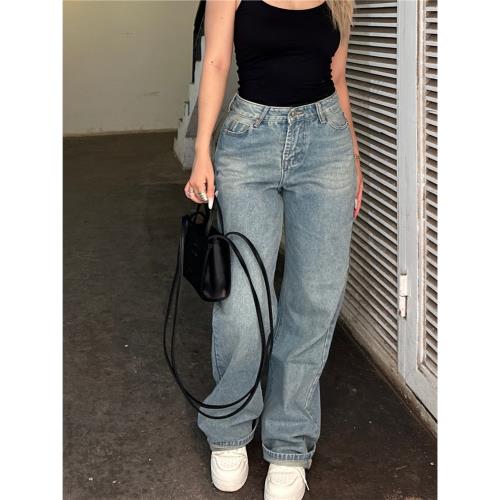 辣妹風高腰闊腿磨破拖地長褲女2023秋新款ins寬松顯瘦垂感牛仔褲