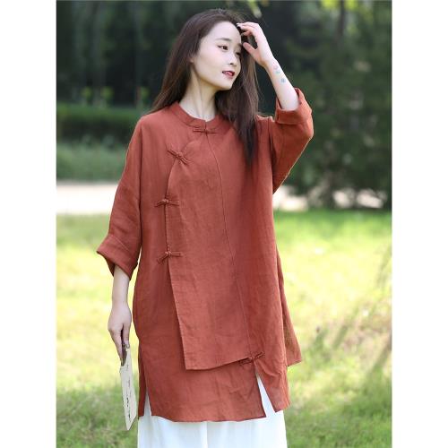 2025春季新款原創設計棉麻女裝文藝復古盤扣禪意茶服中長款襯衫