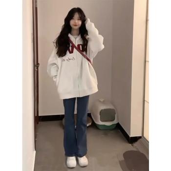 chic美式復古衛衣女秋冬季寬松oversize小眾設計感拉鏈外套小個子
