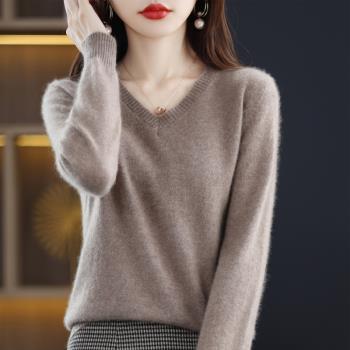 100%純羊毛衫女2022秋冬新款V領毛衣寬松套頭長袖羊絨針織打底衫