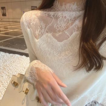 半高領蕾絲打底衫女內搭配毛衣拼接小衫秋冬洋氣罩衣網紗絕美上衣