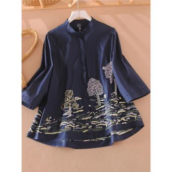 中國風立領女士刺繡花寬松A版大擺上衣七分袖春秋高階感復古襯衫
