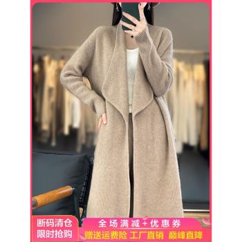 中長款翻領100%純羊絨開衫女22秋冬寬松慵懶長袖外套針織羊毛大衣
