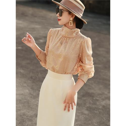 蘭瑟兒2025秋季新款氣質通勤蝴蝶結立領系帶微透細閃長袖襯衫上衣